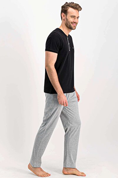 Arnetta Чорний чоловічий піжамний комплект - комір-стійка, короткі рукави, на ґудзиках