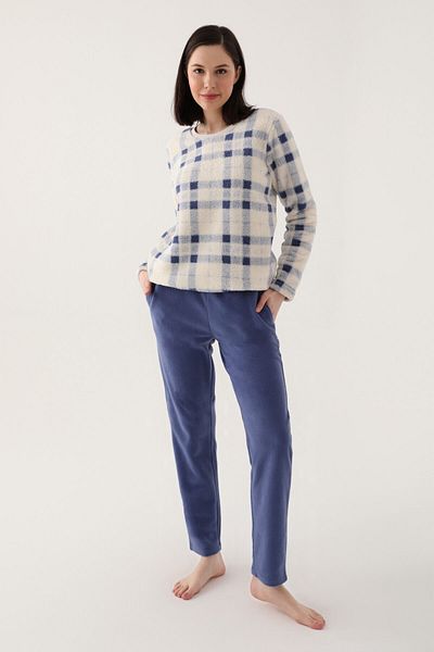Arnetta Σετ γυναικεία μακρυμάνικη πιτζάμες μπλε Checkered Stripes