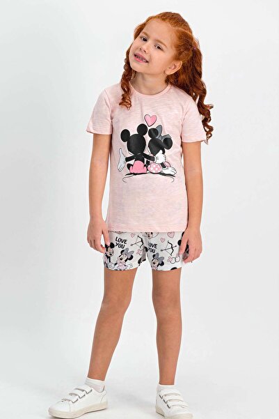 Mickey & Minnie Mouse Mickey Mouse Lisanslı Somon Bisiklet Yaka Kız Çocuk Şor...