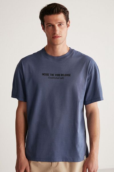 GRIMELANGE Tricou pentru bărbați, cu mânecă scurtă, tricotat 100% bumbac organic, cu imprimeu la spate, albastru bleumarin