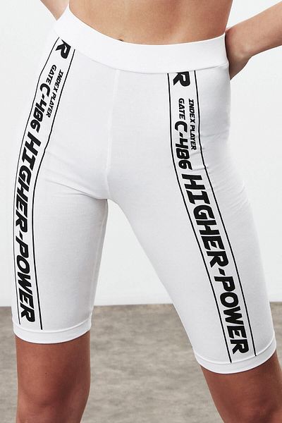GRIMELANGE Leggings albi slim fit sport peste genunchi cu imprimeu cu slogan Force pentru femei