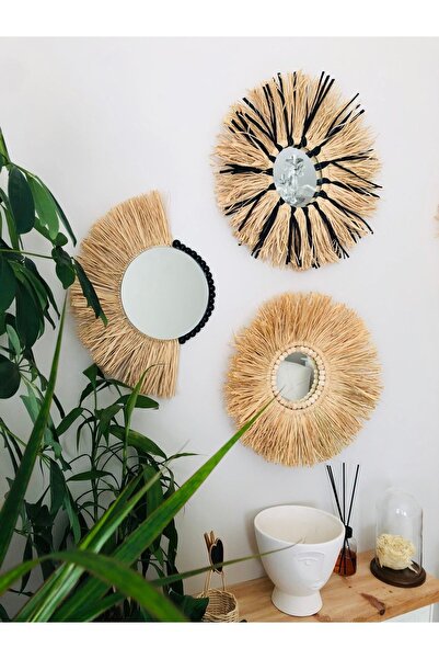 Hasirdukkanii Dekoratif Ayna Seti Rafya Ayna Hasır Ayna