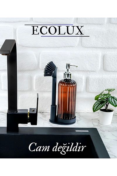 Ecolux Amber Liquid Soap Dispenser Soft Silicone Set with Brush - Dishwashing Detergent - Bleach - Amber Bottle 500 ml