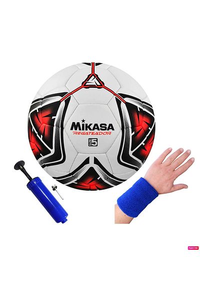 MIKASA كرة قدم من الجلد الصناعي من Regateador مقاس 5 مخيطة يدويًا + مضخة + سوار منشفة