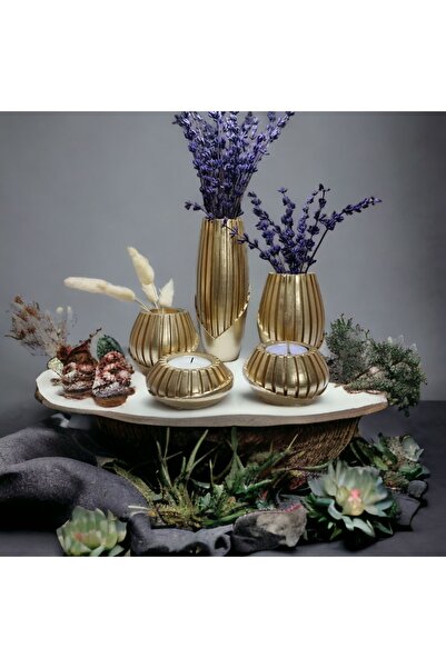 ddecco Dekoratif vazo ve mumluk seti altınsarısı biblo, hediyelik, dekorasyon...