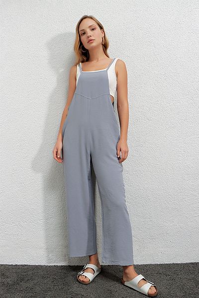 hazelin Women's Gray Adjustable Strap Pocket Wide Leg Gardener Jumpsuit Hzl22s-bd170191