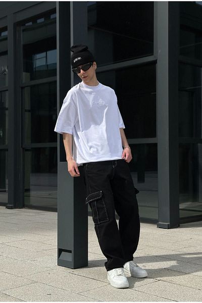 serline Black Reverse Stitch Baggy Cargo Pants