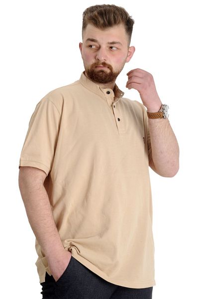 ModeXL Mode Xl Ανδρικό T-shirt μεγάλου μεγέθους Judge Collar Md Logo 22326 Beige