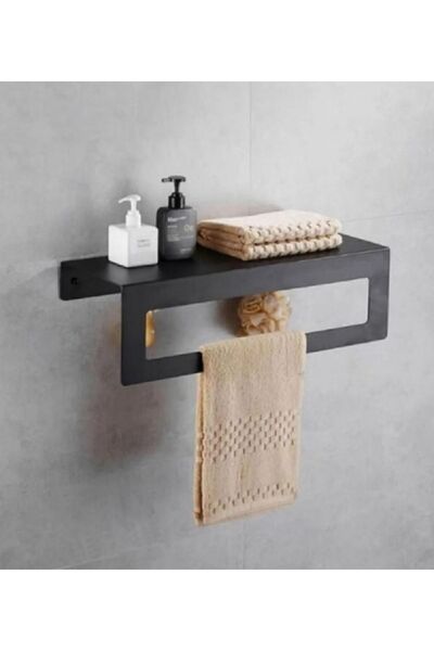 Dione Store Suport pentru prosoape negru de 30 cm cu raft, suport pentru pros...