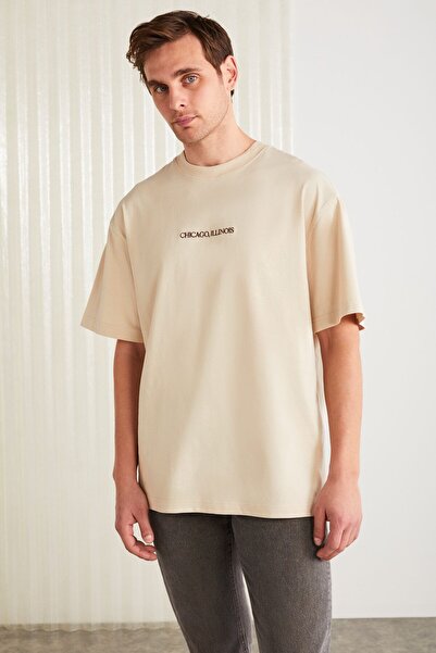 GRIMELANGE Barack Men - Back Printed Beige Oversize T-shirt, 100% οργανικό βαμβάκι