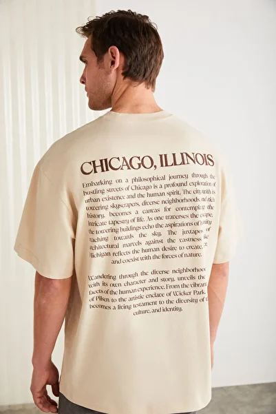 GRIMELANGE Barack Men's - Back Printed Beige Oversize T-Shirt, 100% Organic Cotton