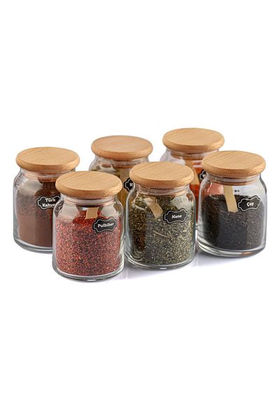 Karçiçeği Home 6' Luxury Spice Jar Set with Bamboo Cover and Spoon