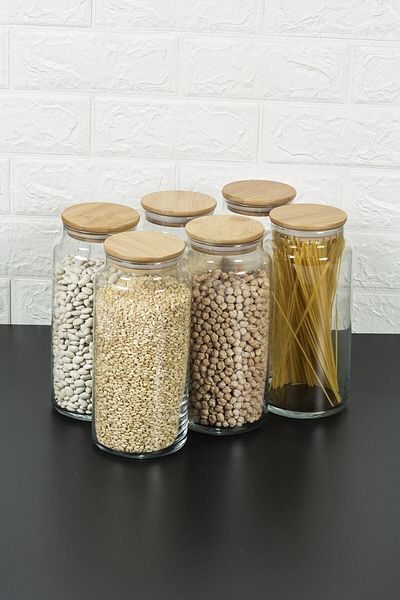 Karçiçeği Home Jumbo Size 6-Piece Vacuum Glass Jar with Bamboo Lid - Spice Set 1440ml