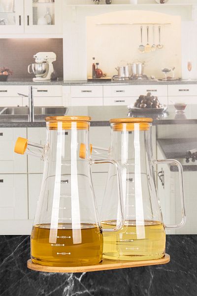 Karçiçeği Home 900 ml Borosilicate Glass Oil Vinegar - 2-Piece Vinegar with Bamboo Lid
