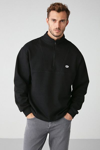 GRIMELANGE Radiant Men's Half Zipper Stand-up Collar Embroidered Black Sweatshirt