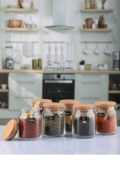 Karçiçeği Home 6' Luxury Spice Jar Set with Bamboo Cover and Spoon