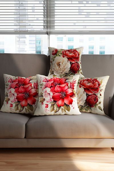 Hayal Dekoratif Cream Background Red Flower and Crescent Patterned Digital Printed Gift 4-Piece Throw Pillow Pillowcase Set