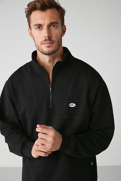 GRIMELANGE Radiant Men's Half Zipper Stand-up Collar Embroidered Black Sweatshirt