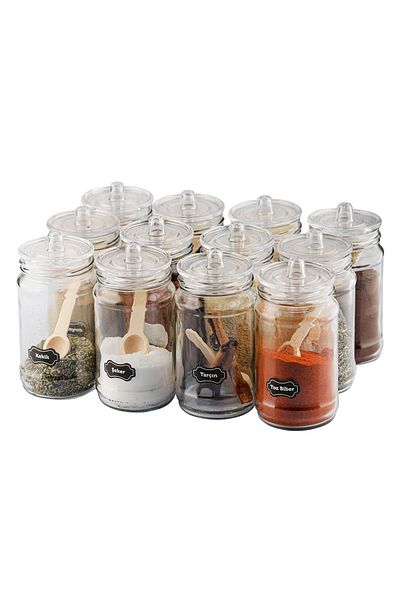 Karçiçeği Home 12 Piece Glass Spice Jar Set with Vacuum Handle, Lid, Bamboo Spoon and Label