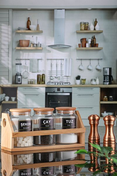 Karçiçeği Home Set of 3 800ml Tea Coffee Sugar Jars with Bamboo Lid, Stand and Label