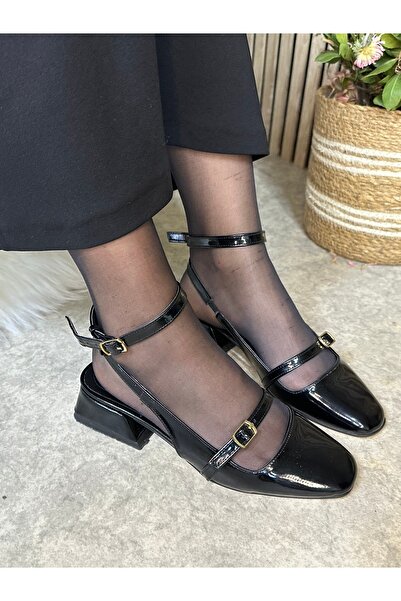 İmerShoes Günlük Kadın Siyah Kare Burunlu Ayarlanabilir Tokalı Arkası Açık Kalın Kısa Topuklu Ayakkabı 911