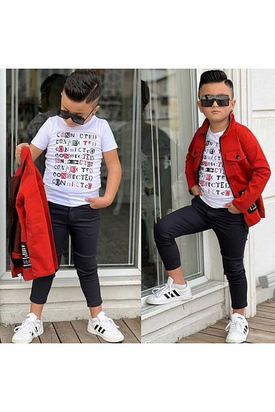elfanto kıds Boy's Gabardine Jacket and T-shirt Set - 3-Piece Combination
