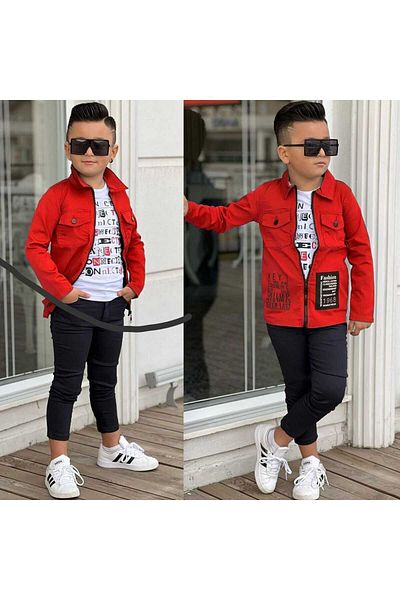 elfanto kıds Boy's Gabardine Jacket and T-shirt Set - 3-Piece Combination
