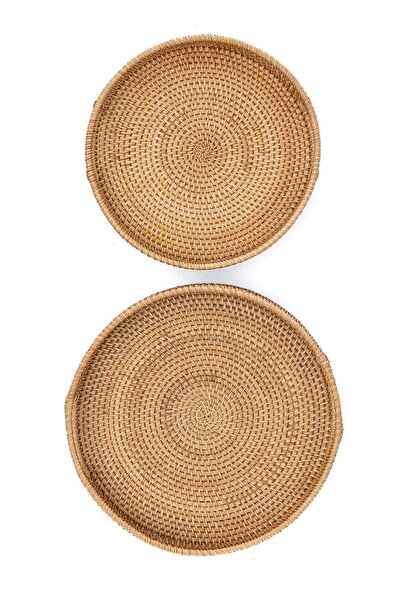 Koza Home Meander El Yapımı Yuvarlak Küçük Boy Rattan Çok Amaçlı Kulplu Tepsi 30cm 8982