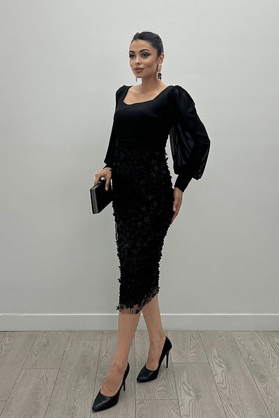 giyimmasalı Crepe Fabric Three Dimensional Pencil Dress - BLACK