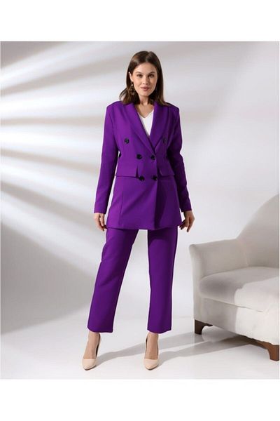 TANE TASARIM Women's Double Breasted Blazer Jacket Cotton Stretch Fabric Trousers Purple Suit 029