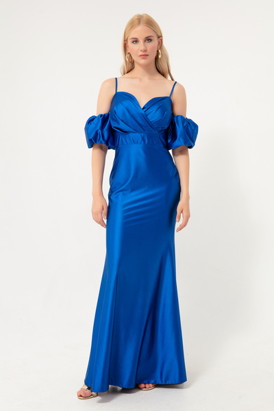 Lafaba Dámské večerní saténové šaty s dlouhým rukávem a páskem s nízkým rukávem