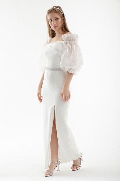 Lafaba Dámské bílé dlouhé večerní šaty s balonovým rukávem zdobené páskem