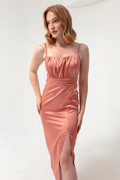 OFZE Women's Salmon Thin Strap Slit Midi Satin Evening Dress