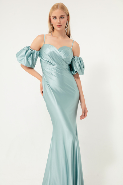 Lafaba Női menta zöld kötélpántos alacsony ujjú, hosszú szatén estélyi ruha