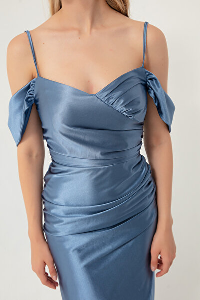 Lafaba Női indigó vékony pántos, duplasoros, hasított, hosszú estélyi ruha