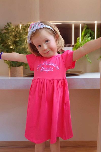 dinamik çocuk Girl's Printed Short Sleeve Combed Cotton Dress Summer