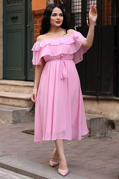 Bersi Butik Γυναικείο φόρεμα σιφόν με κίτρινο γιακά Carmen