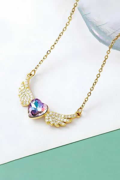 The Collection Non-Tarnish Purple Heart Zircon Stone Wing Steel Necklace