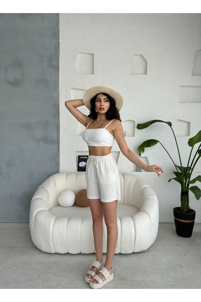 Ozy Fashion Шорти з високою талією та кишенями з воланами з льону - світло-бе...