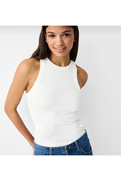 nura Body alb pentru femei cu decolteu cu halter și cu dungi - maiou elastic