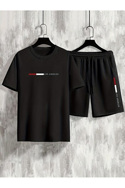 Genel Markalar Erkek Siyah Oversize Beyaz Los Angeles Baskılı Bisiklet Yaka Kısa Kollu T-shirt Şort Takımı