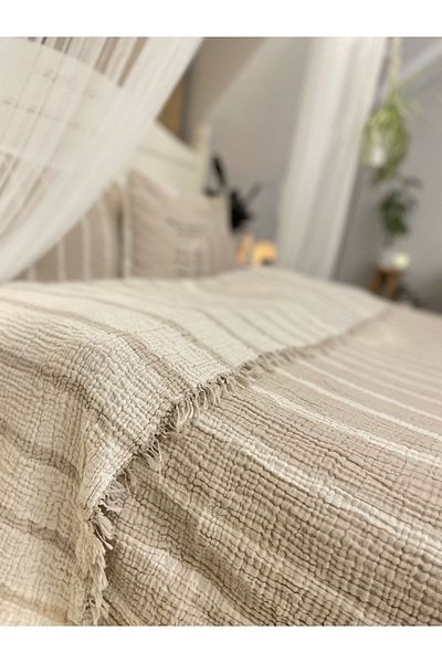 YASEMİNİNEVİ King Size Mink Striped Muslin Bedspread / Pike Set with 2 Pillowcases