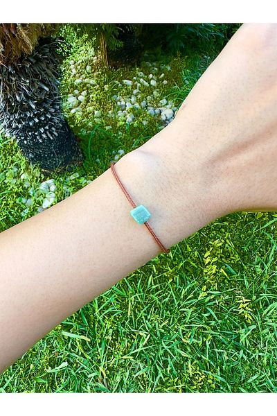 Atelier Çağla Mint Green Glass Square Cube Brown Rope Bracelet