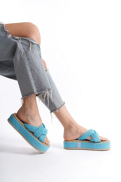 YASEMİN Papuci de damă Artemisia Blue Cross Rope, cu toc deschis, cu toc plat
