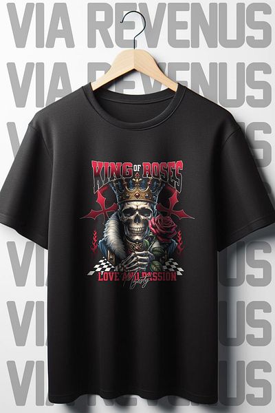 Vordevia Μαύρο μπλουζάκι Oversize - King Of Roses με στάμπα, Crew Neck