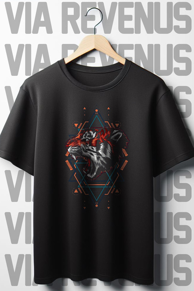 Vordevia Tricou negru oversize cu imprimeu tigru cu decolteu rotund