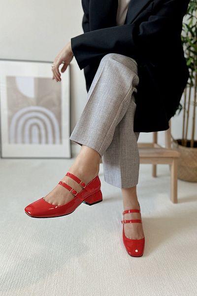 POLKA STORE Women's Mary Jane Red Patent Leather Closed Back Double Tape Square Toe Helmet Short Block Heeled Shoes