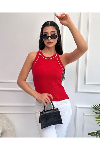 Chicup Red Corded Knitted Blouse - Halter Neck and Intermediate Piping