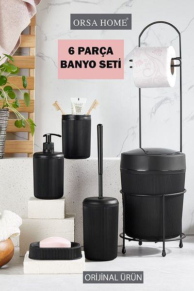 ORSA HOME Μαύρο σετ μπάνιου 6 τεμαχίων - θήκη χαρτιού υγείας με μεταλλική βάση, βούρτσα και θήκη οδοντόβουρτσας