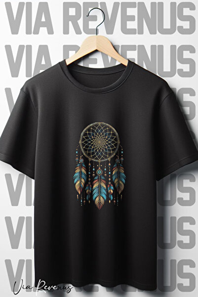 Vordevia Tricou negru oversize cu guler rotund - Dream Catcher cu imprimeu